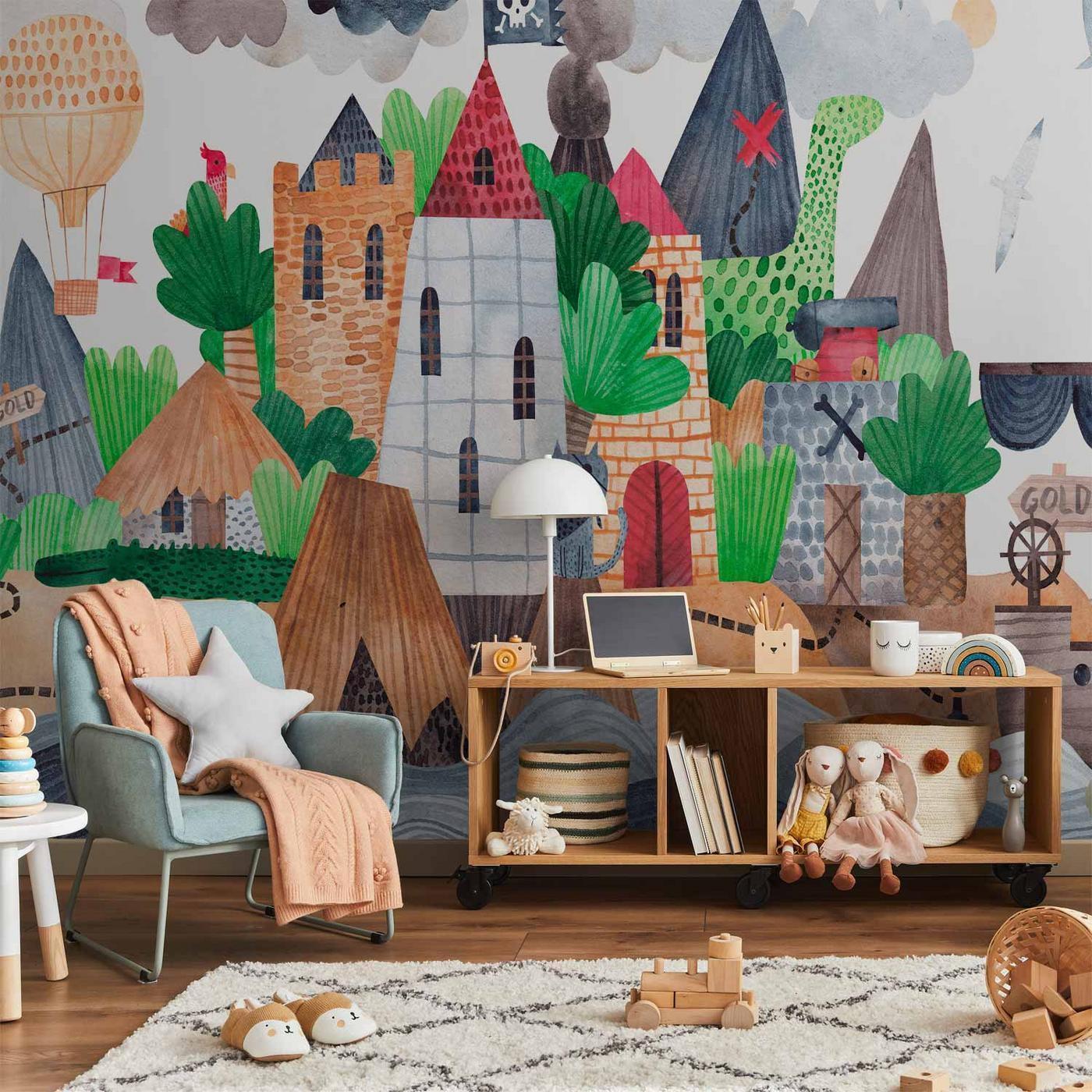 Fotobehang - A colourful treasure island with a castle - a pirate ship at sea for children