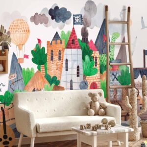 Fotobehang - A colourful treasure island with a castle - a pirate ship at sea for children