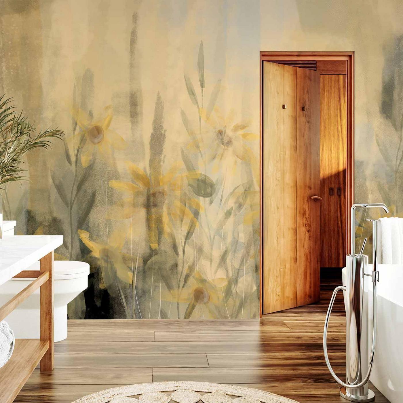 Fotobehang - A touch of summer - floral motif with a meadow full of yellow flowers and grasses