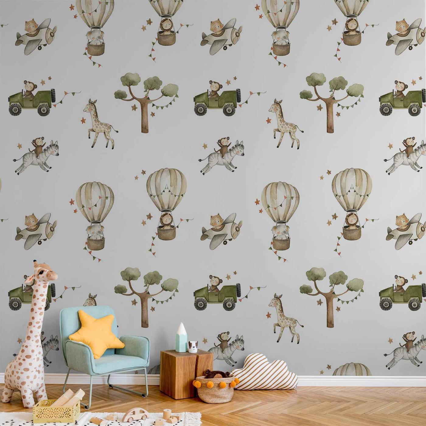 Fotobehang - Africa for Toddler - Animals on Savannah in Watercolour Technique