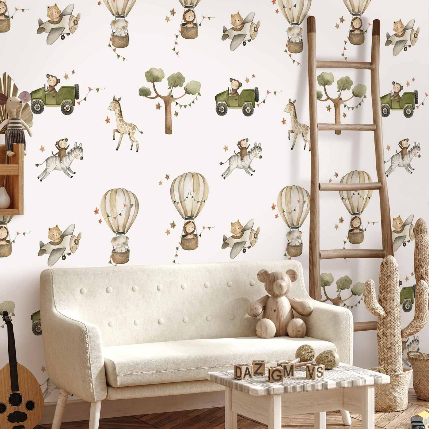 Fotobehang - Africa for Toddler - Animals on Savannah in Watercolour Technique