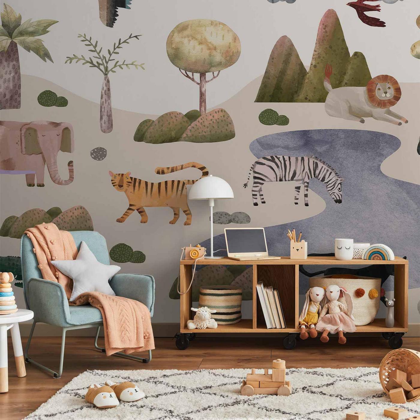 Fotobehang - Africa for Toddlers - Savannah Animals in Pastel Colours
