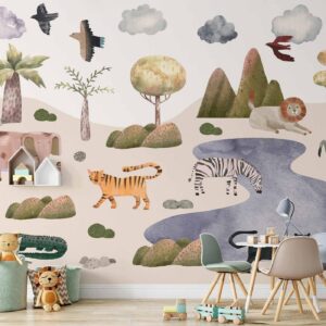Fotobehang - Africa for Toddlers - Savannah Animals in Pastel Colours