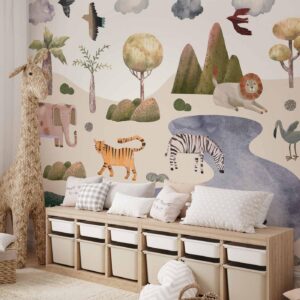 Fotobehang - Africa for Toddlers - Savannah Animals in Pastel Colours