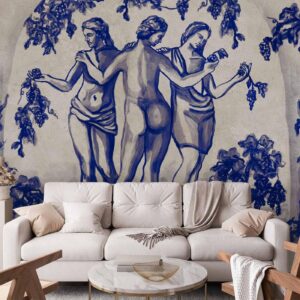 Fotobehang - Ancient vineyard - three women in a portal painted with blue ink