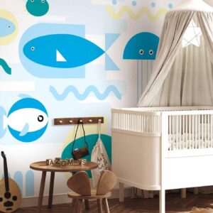 Fotobehang - Animals in the sea - geometric blue fish in water for kids