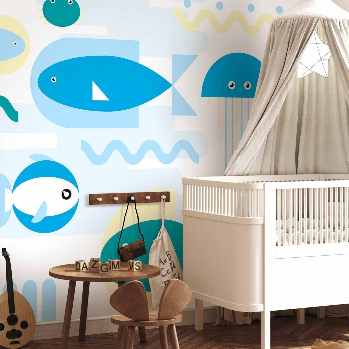 Fotobehang - Animals in the sea - geometric blue fish in water for kids
