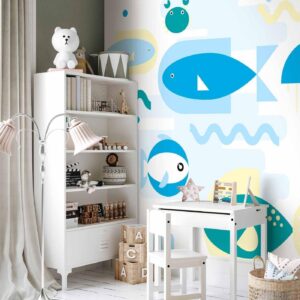 Fotobehang - Animals in the sea - geometric blue fish in water for kids