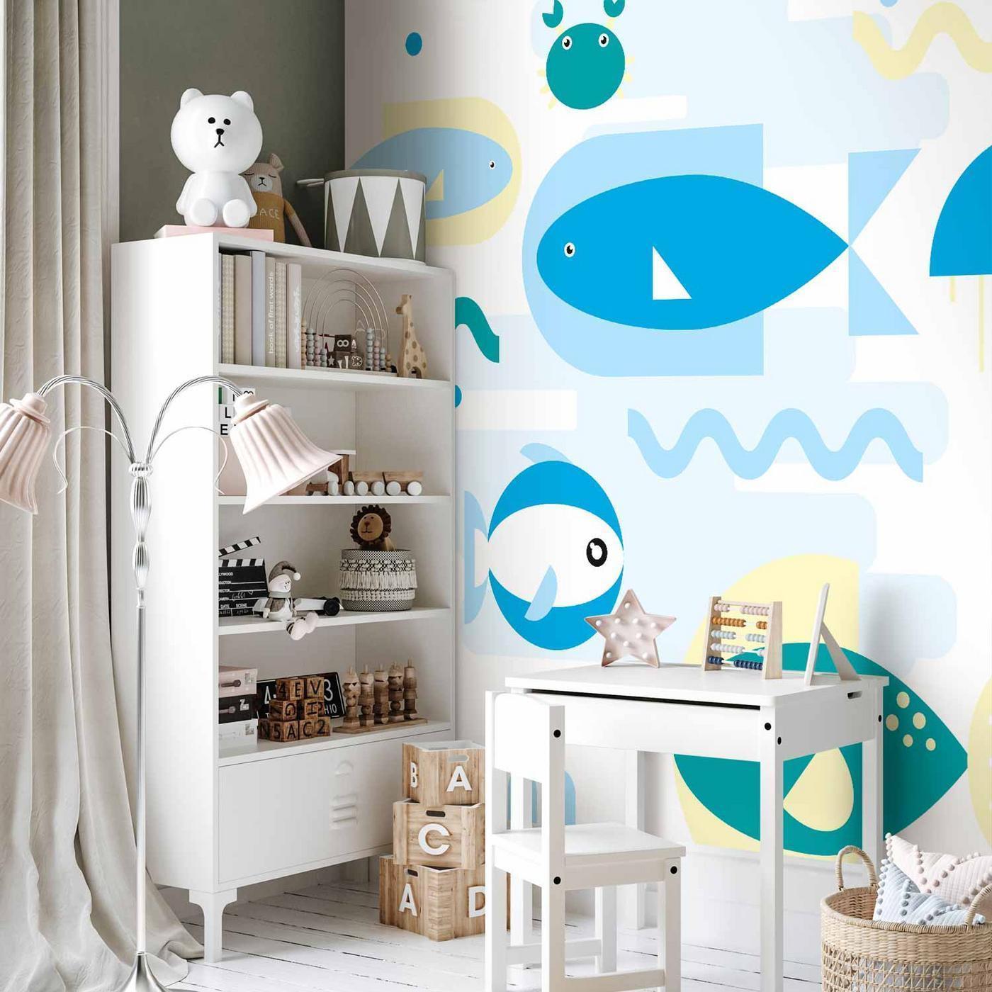 Fotobehang - Animals in the sea - geometric blue fish in water for kids