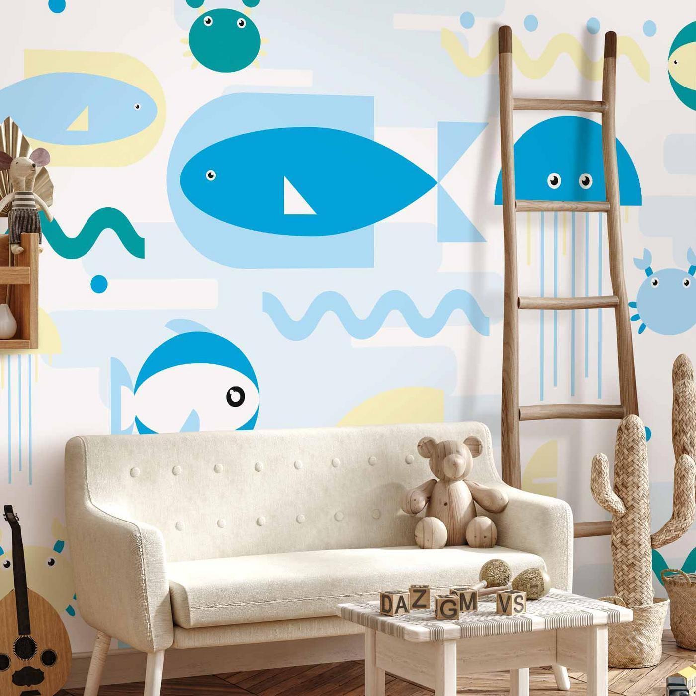 Fotobehang - Animals in the sea - geometric blue fish in water for kids