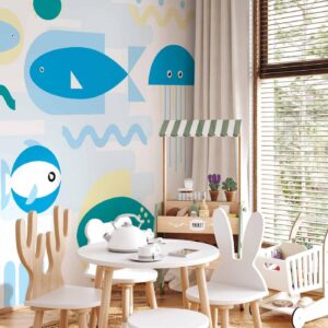 Fotobehang - Animals in the sea - geometric blue fish in water for kids