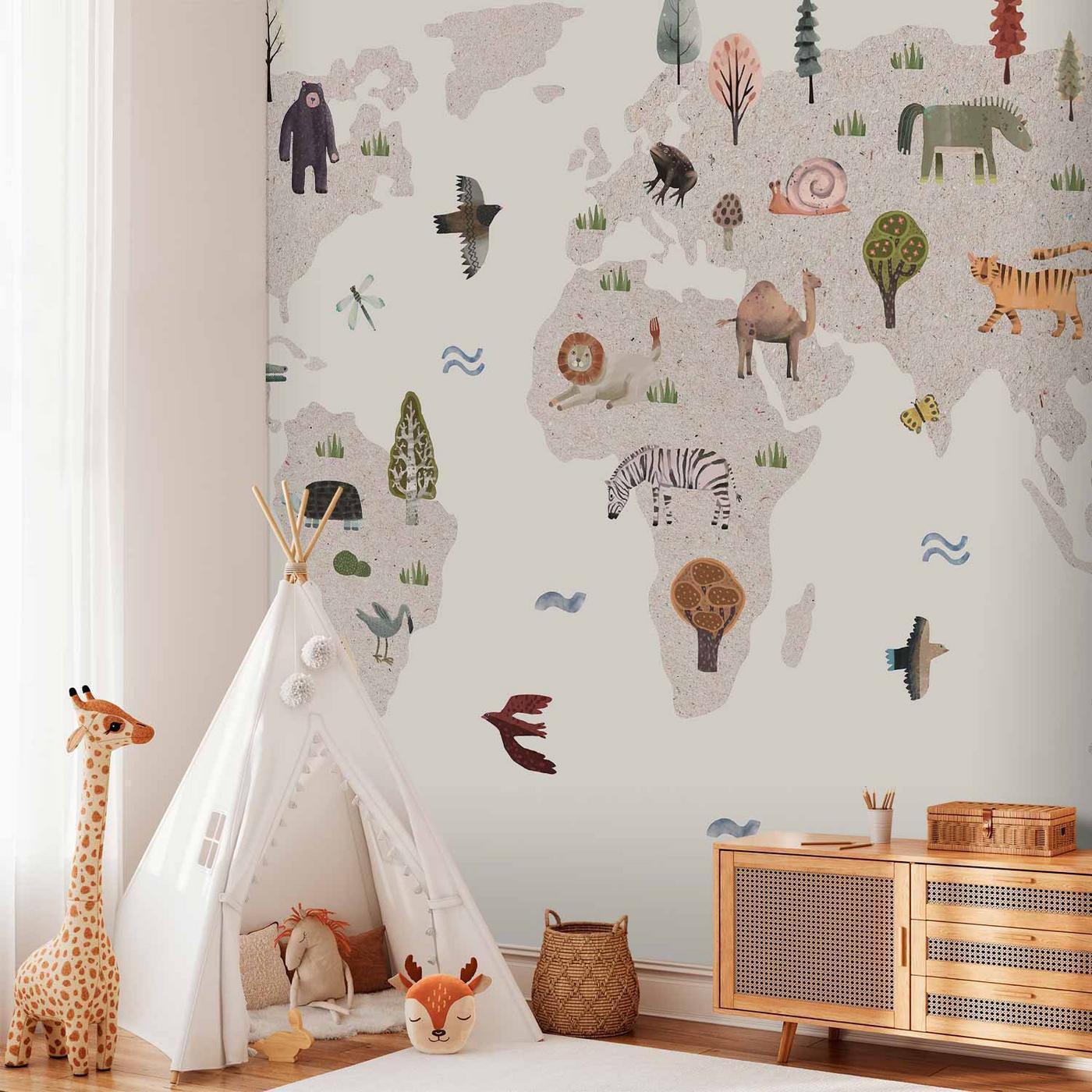 Fotobehang - Beige World - Continents With Animals in Muted Colours