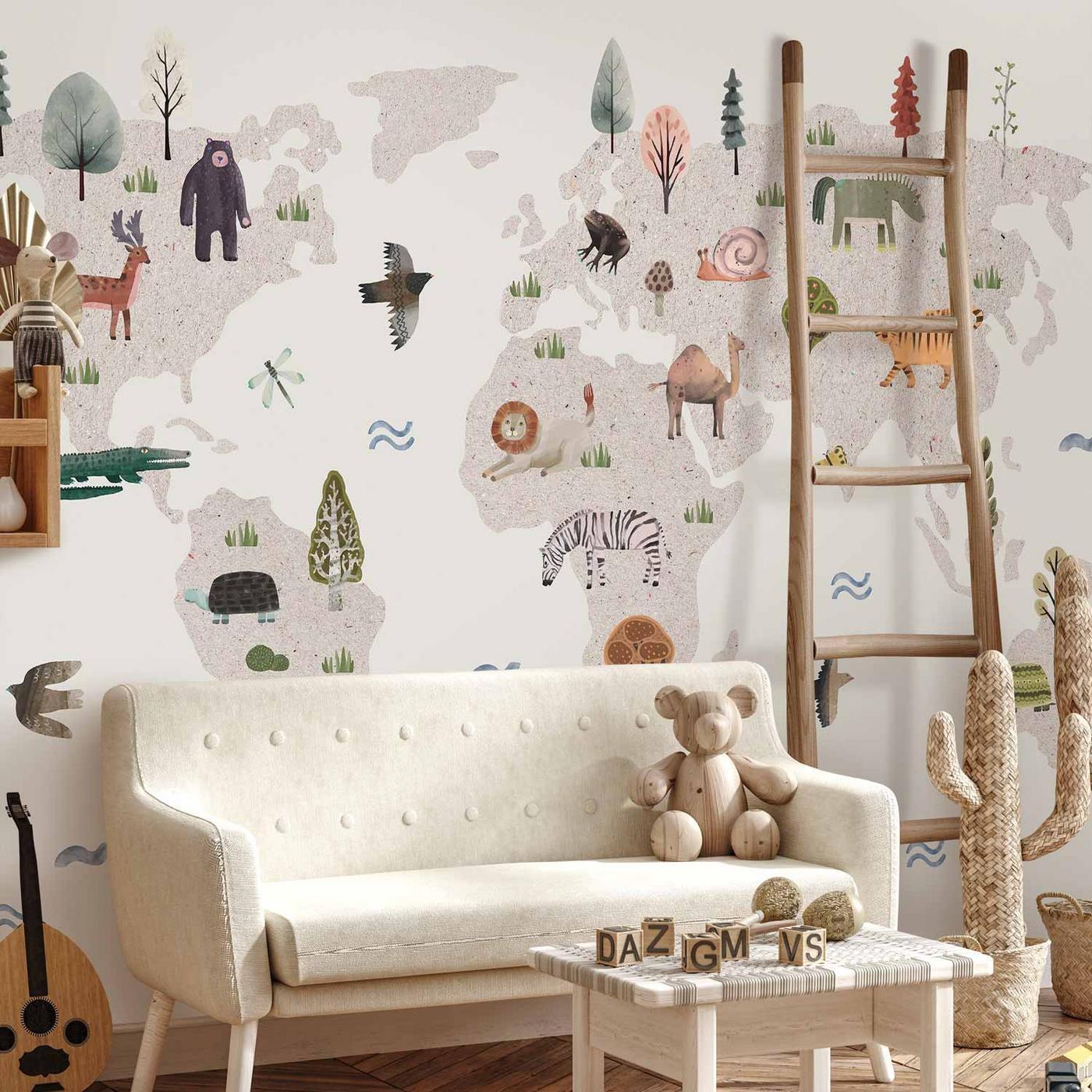 Fotobehang - Beige World - Continents With Animals in Muted Colours