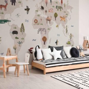 Fotobehang - Beige World - Continents With Animals in Muted Colours