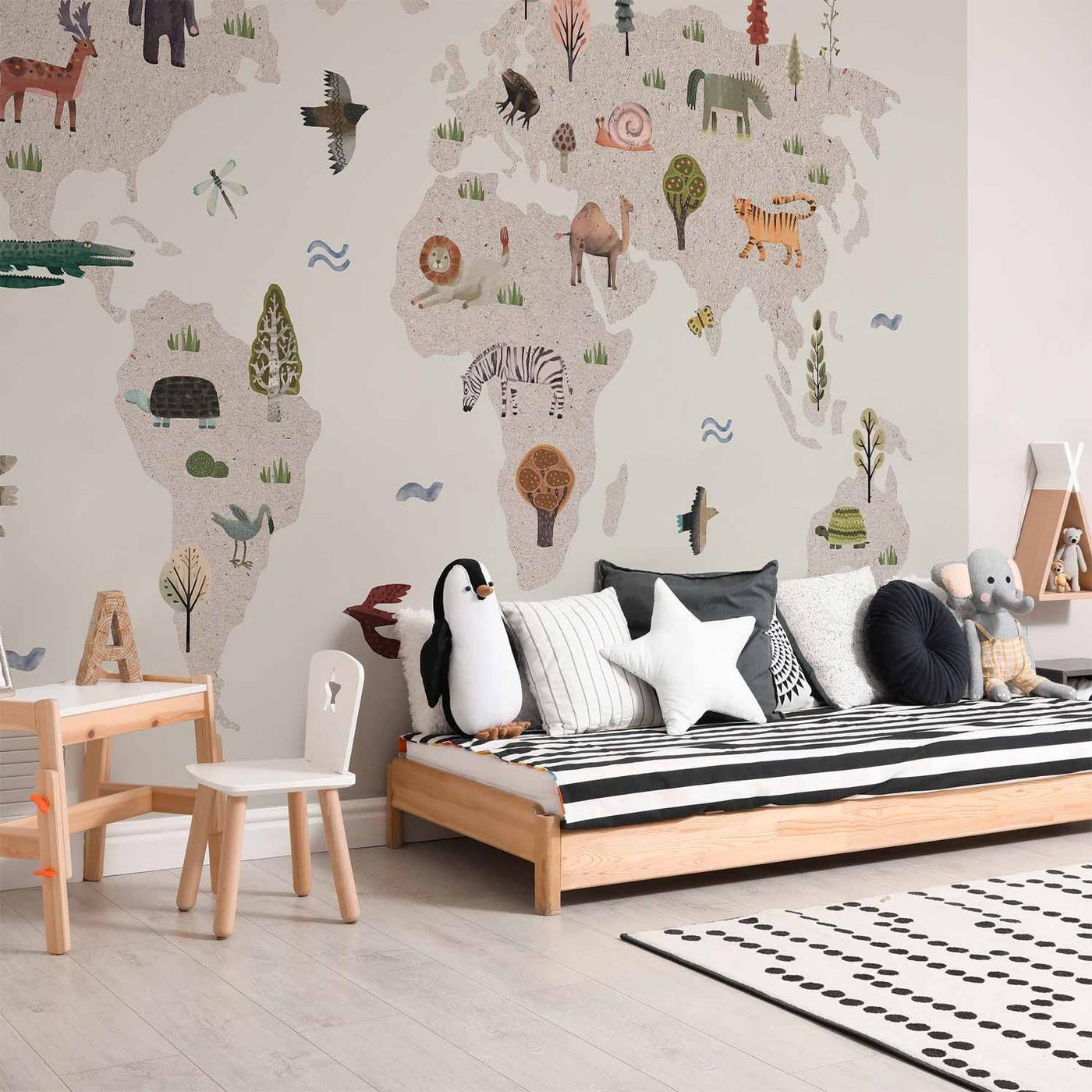 Fotobehang - Beige World - Continents With Animals in Muted Colours