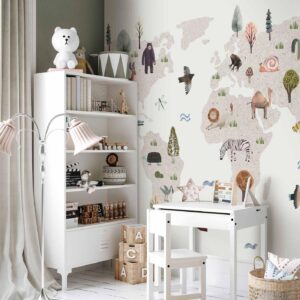 Fotobehang - Beige World - Continents With Animals in Muted Colours
