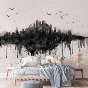 Fotobehang - Big city - abstract city skyline in black watercolour style