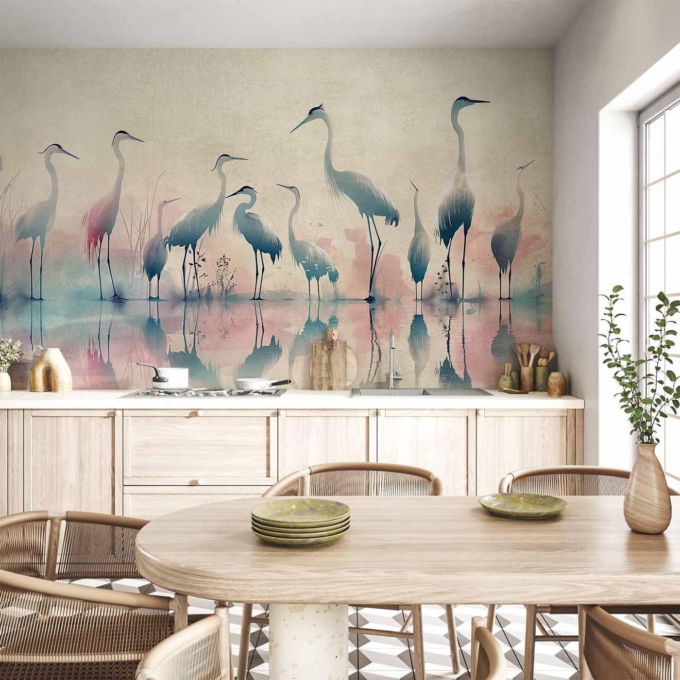 Fotobehang - Birds by the lake - herons painted in watercolour in delicate grey and pink colours