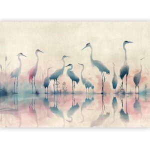 Fotobehang - Birds by the lake - herons painted in watercolour in delicate grey and pink colours
