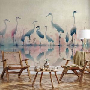Fotobehang - Birds by the lake - herons painted in watercolour in delicate grey and pink colours