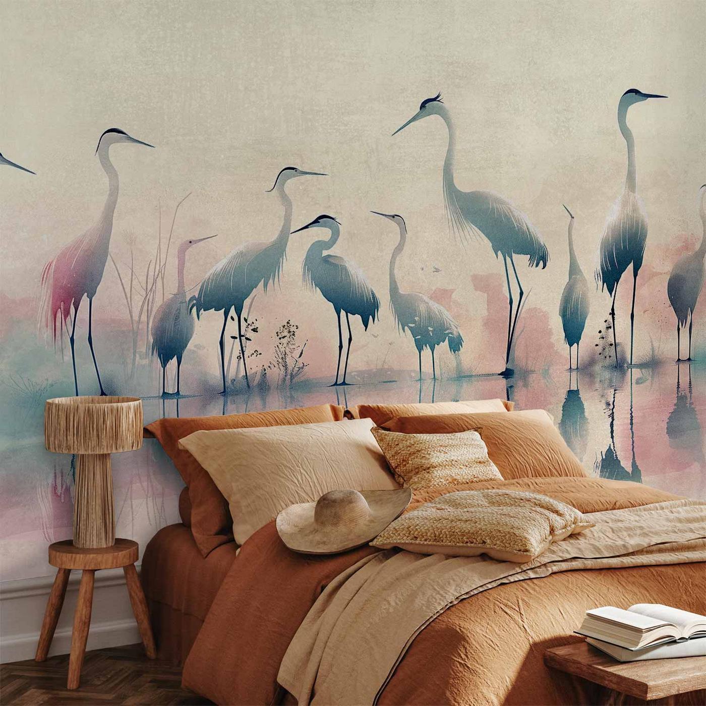 Fotobehang - Birds by the lake - herons painted in watercolour in delicate grey and pink colours