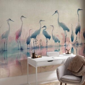 Fotobehang - Birds by the lake - herons painted in watercolour in delicate grey and pink colours
