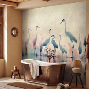 Fotobehang - Birds by the lake - herons painted in watercolour in delicate grey and pink colours