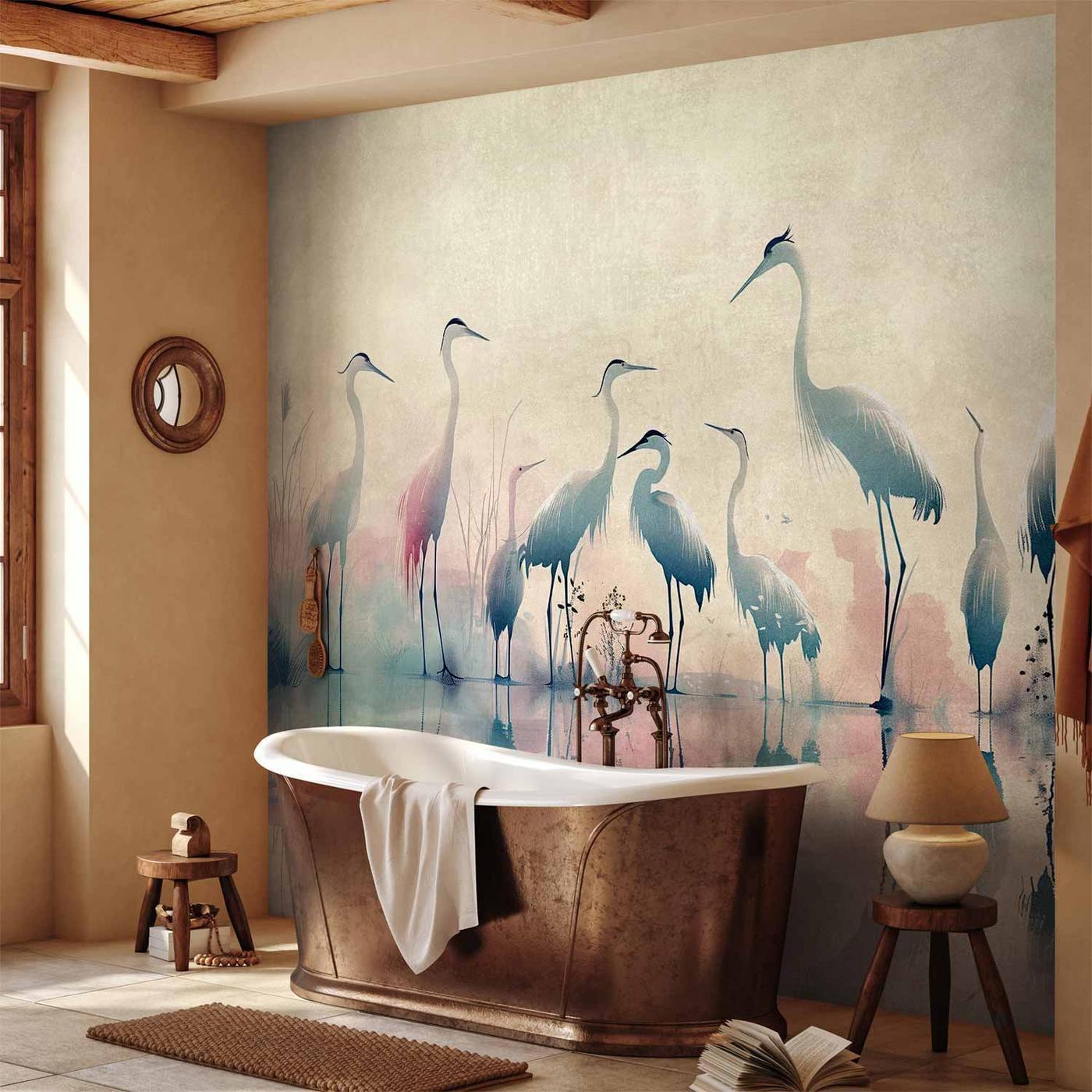 Fotobehang - Birds by the lake - herons painted in watercolour in delicate grey and pink colours