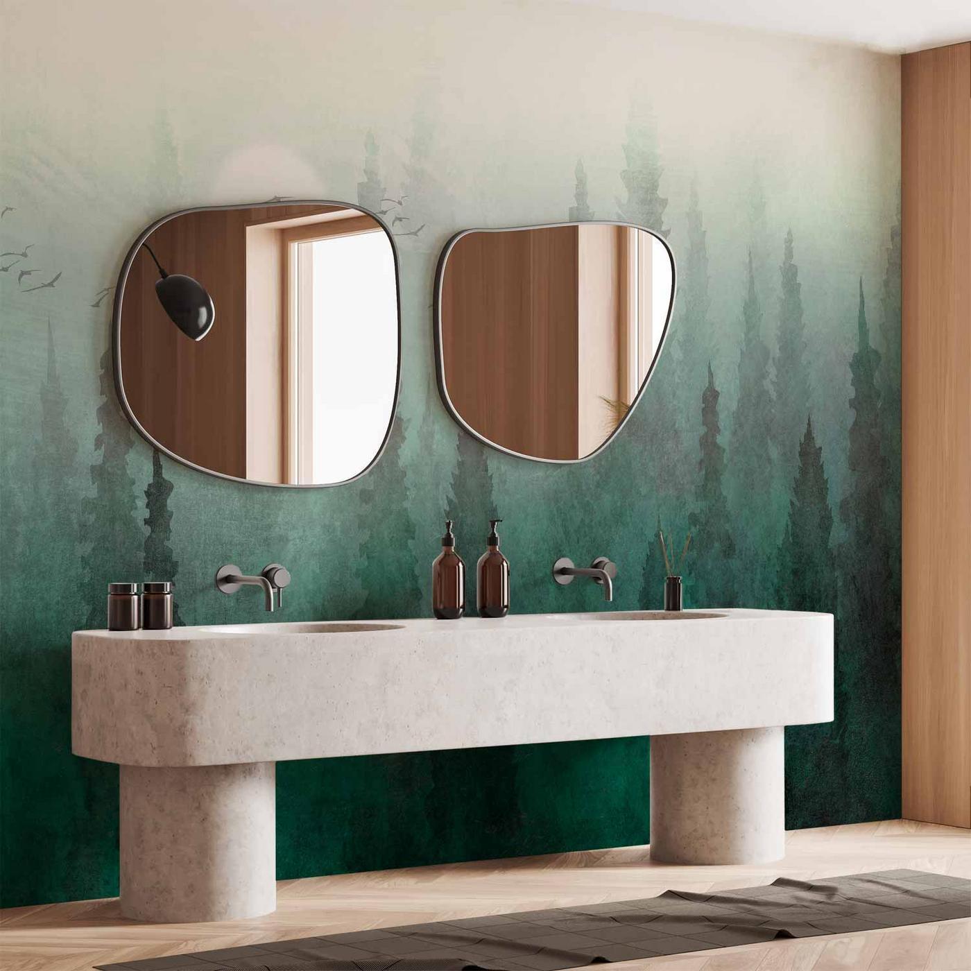 Fotobehang - Bird's eye perspective - landscape of a green forest with trees in the mist