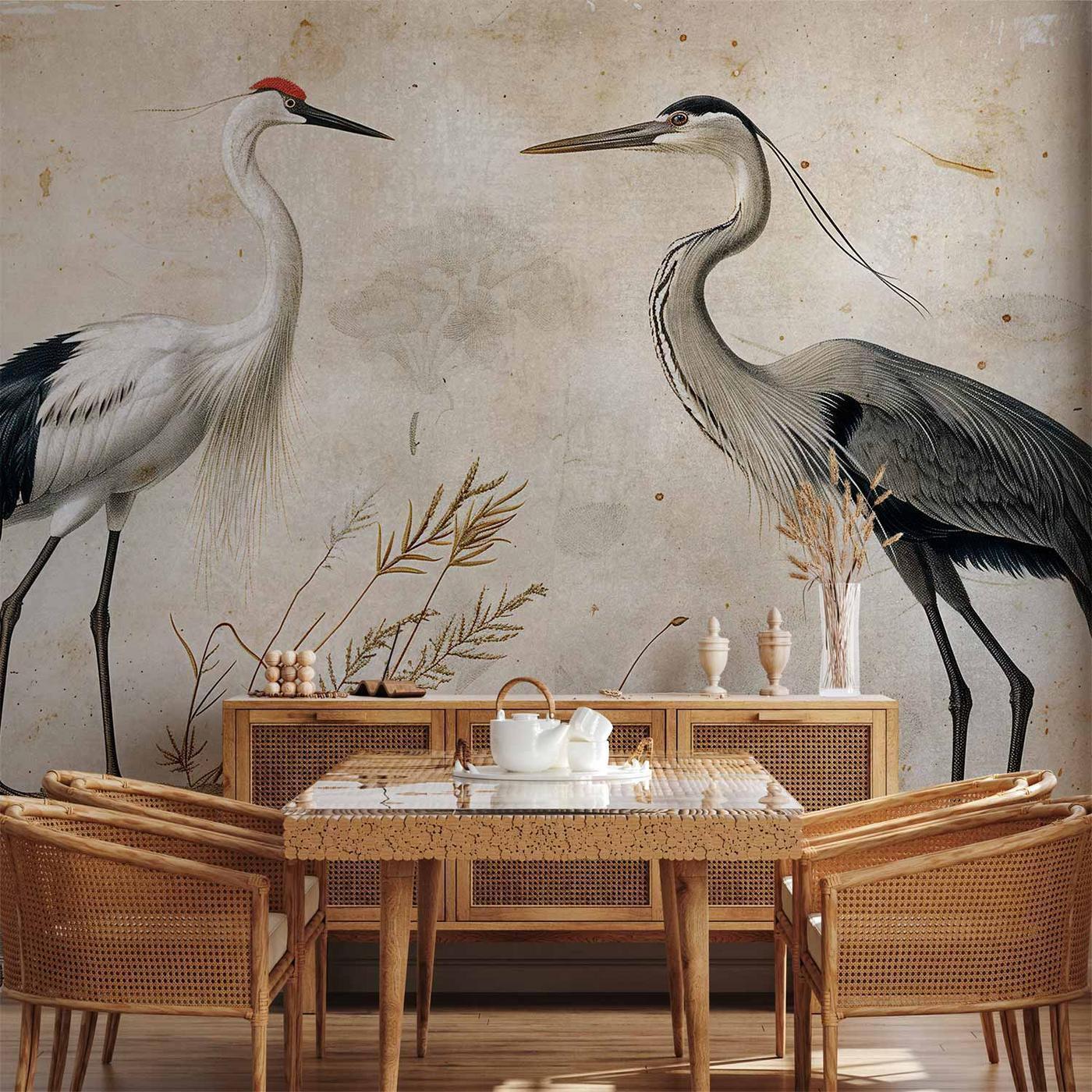 Fotobehang - Birds from an old engraving - vintage-style illustration depicting a heron and a crane