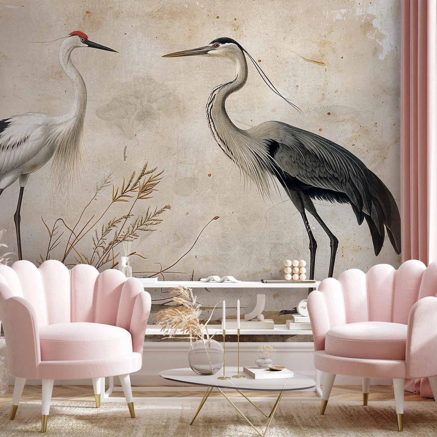Fotobehang - Birds from an old engraving - vintage-style illustration depicting a heron and a crane