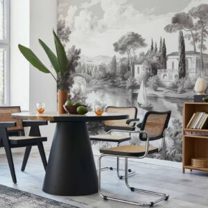 Fotobehang - Black and White Vintage Landscape Retro View of a Pond with a Boat