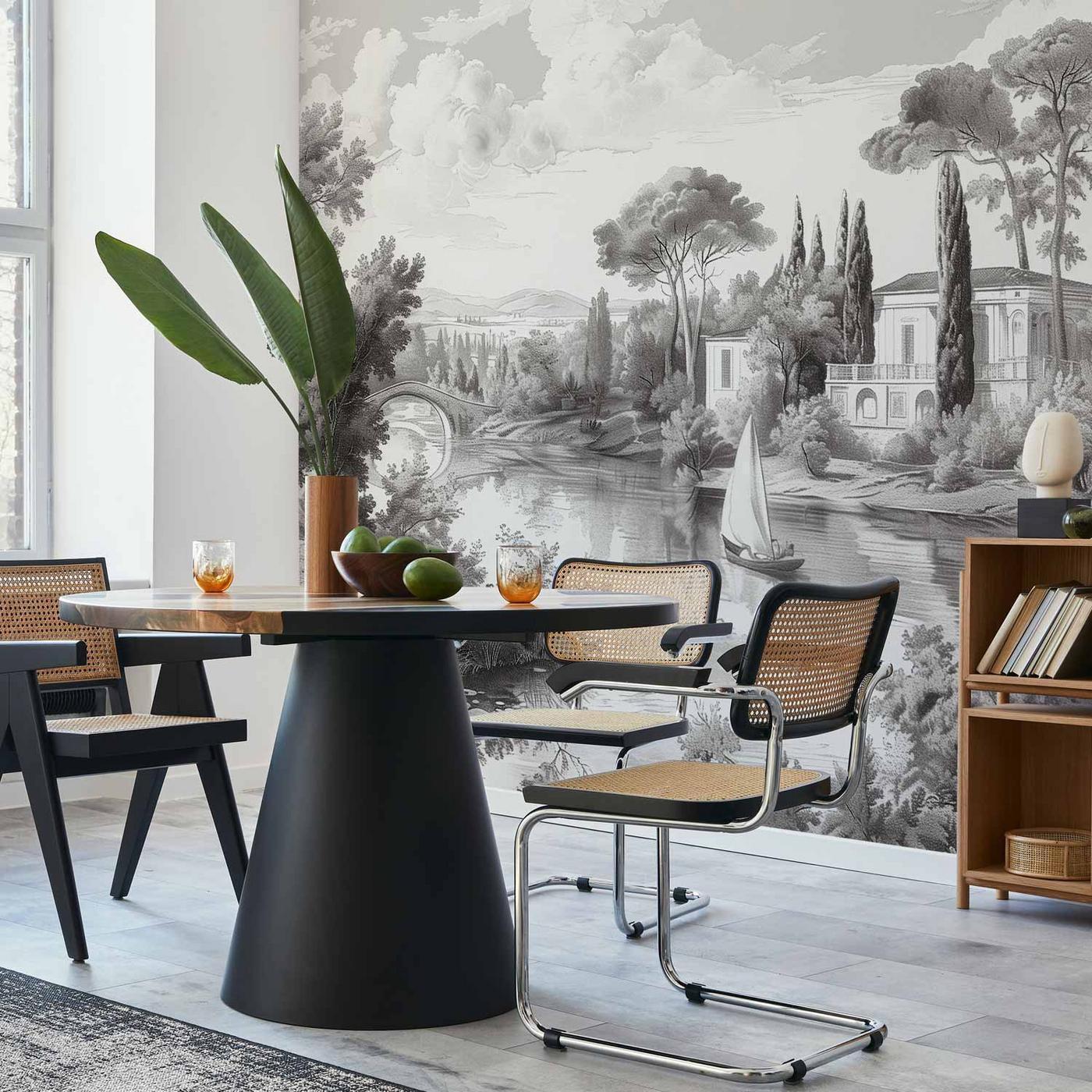 Fotobehang - Black and White Vintage Landscape Retro View of a Pond with a Boat