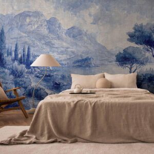 Fotobehang - Blue Bay - Italian landscape of Lake Como painted with blue ink