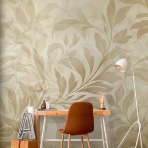 Fotobehang - Botanical Motif with Leaves and Vines in Sand Colors