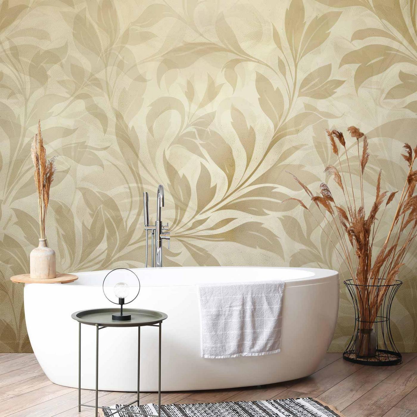 Fotobehang - Botanical Motif with Leaves and Vines in Sand Colors