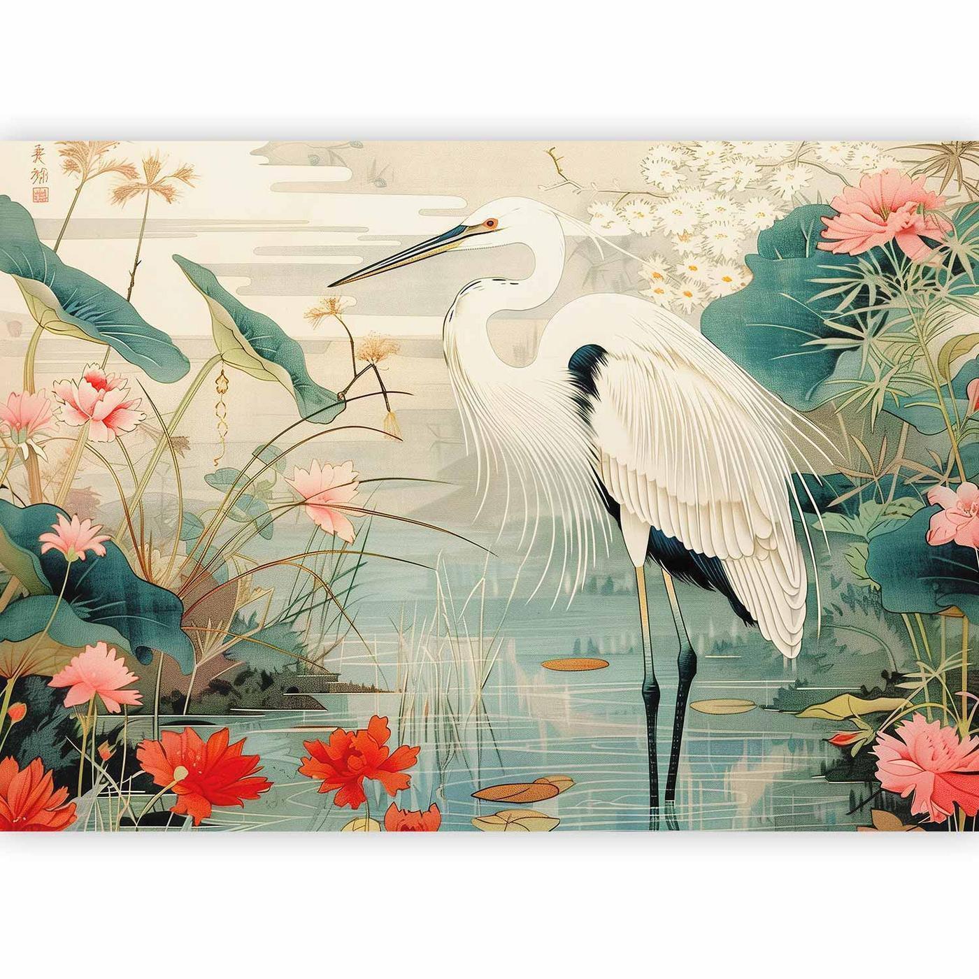 Fotobehang - By an Asian pond - an illustration in the style of a Japanese engraving, depicting a heron