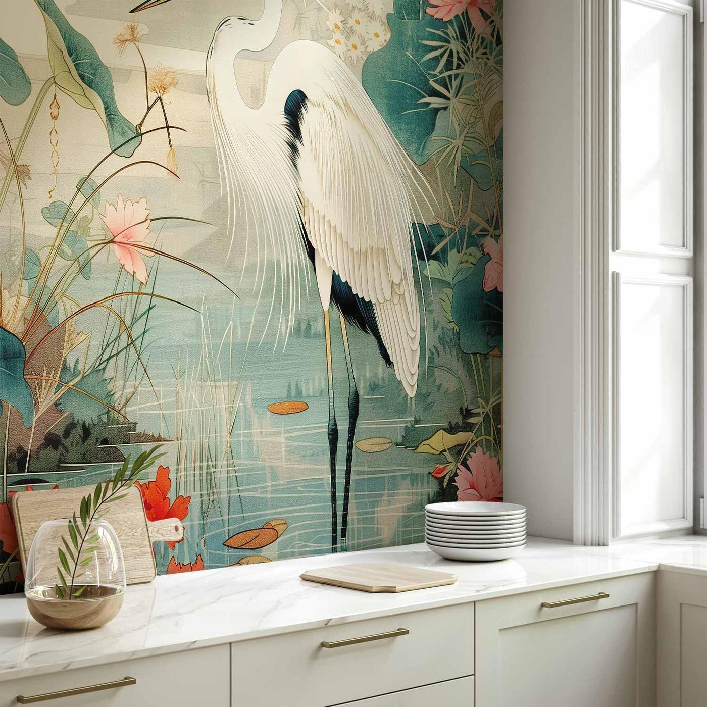 Fotobehang - By an Asian pond - an illustration in the style of a Japanese engraving, depicting a heron