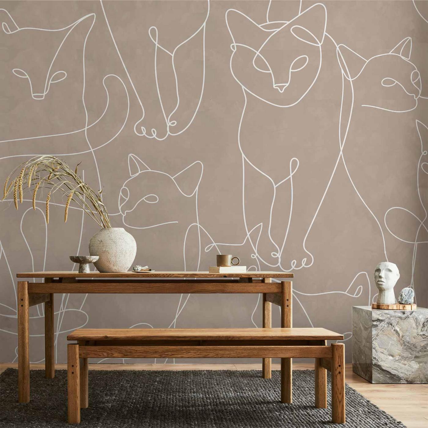 Fotobehang - Cat lineart - minimalist sketches of white cats on beige background