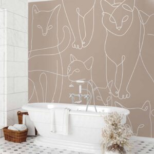 Fotobehang - Cat lineart - minimalist sketches of white cats on beige background