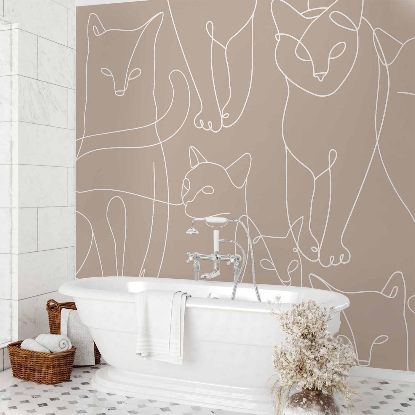 Fotobehang - Cat lineart - minimalist sketches of white cats on beige background