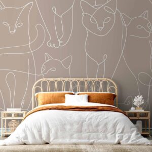 Fotobehang - Cat lineart - minimalist sketches of white cats on beige background