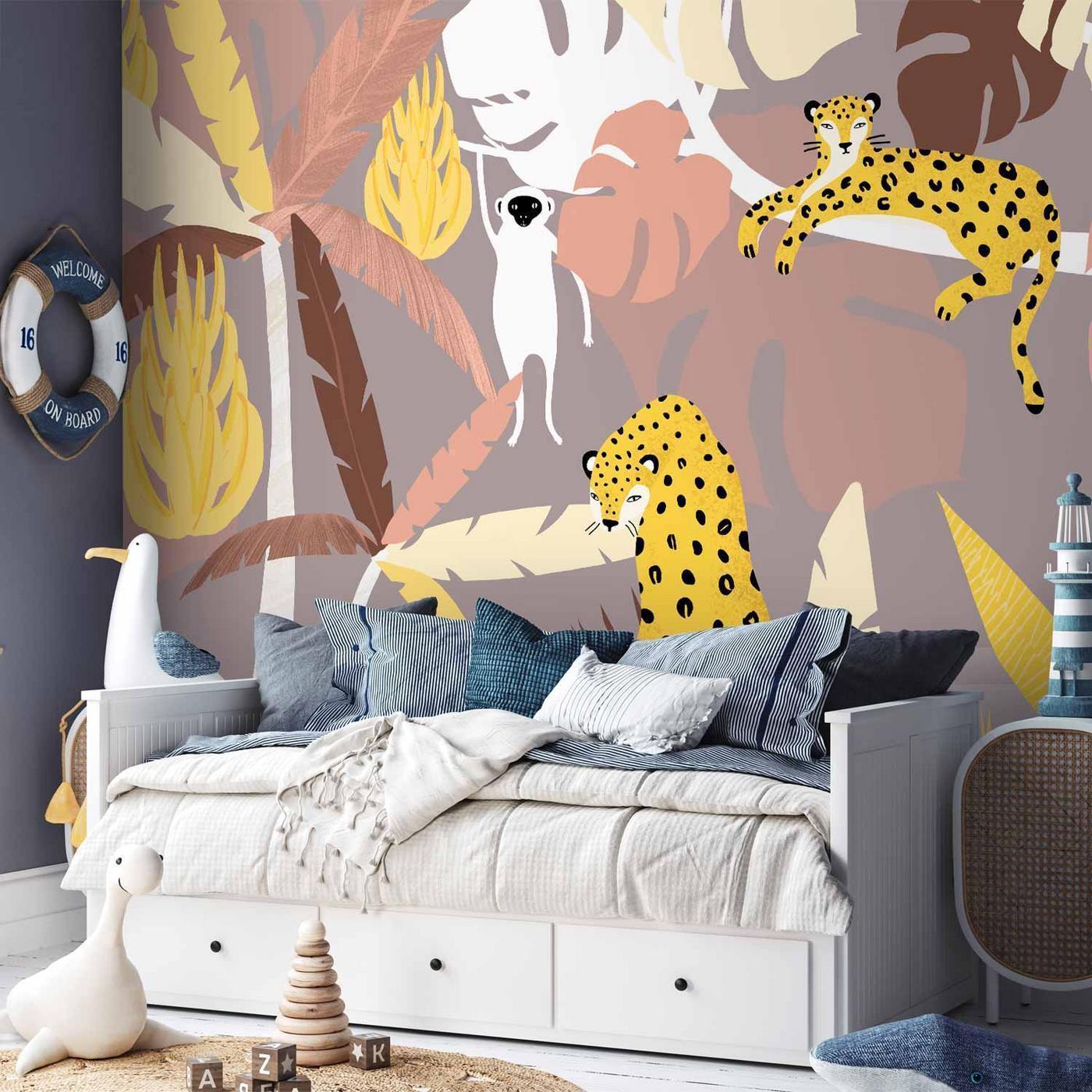 Fotobehang - Cheetahs in the jungle - landscape with exotic animals with palm trees for children