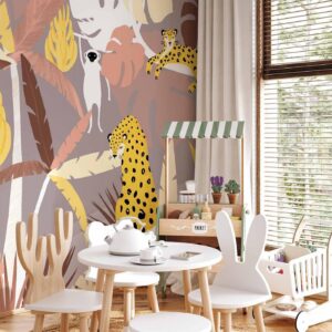 Fotobehang - Cheetahs in the jungle - landscape with exotic animals with palm trees for children