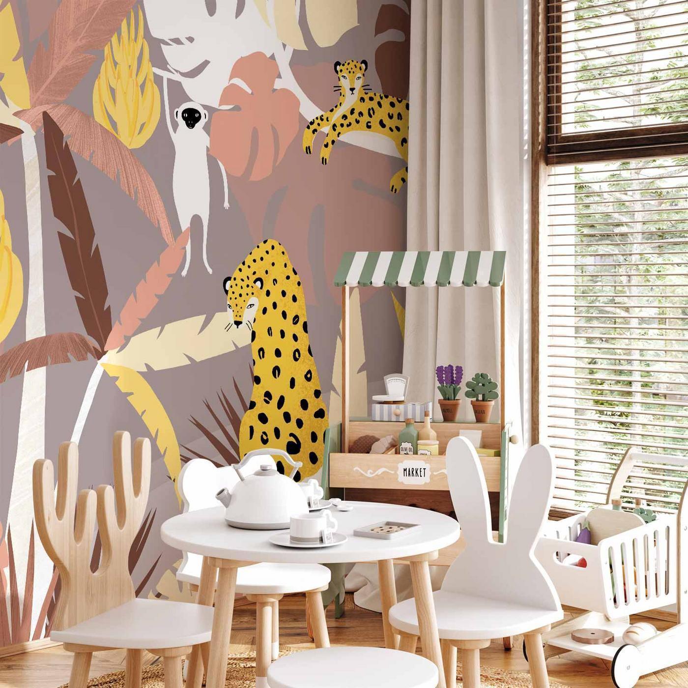 Fotobehang - Cheetahs in the jungle - landscape with exotic animals with palm trees for children