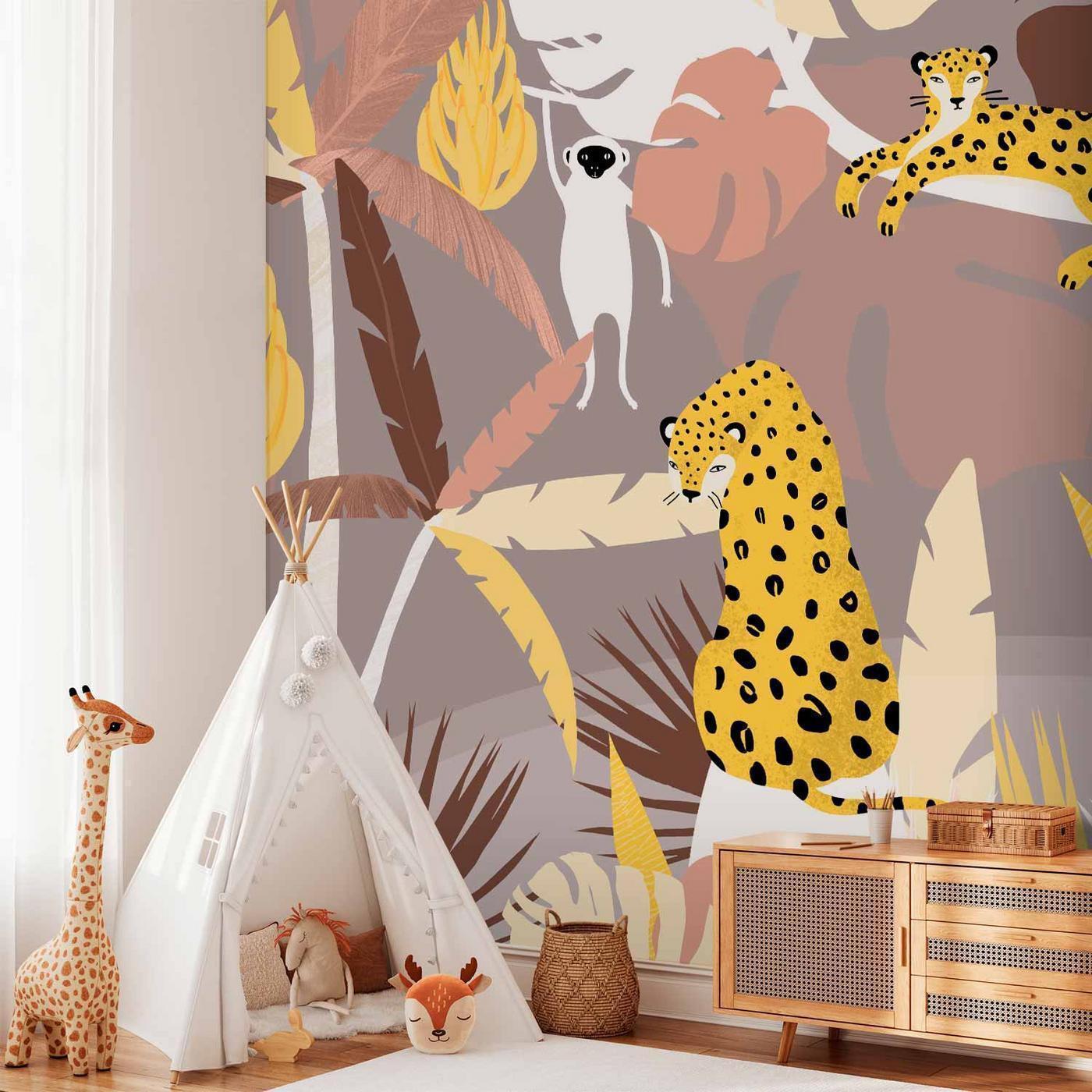 Fotobehang - Cheetahs in the jungle - landscape with exotic animals with palm trees for children
