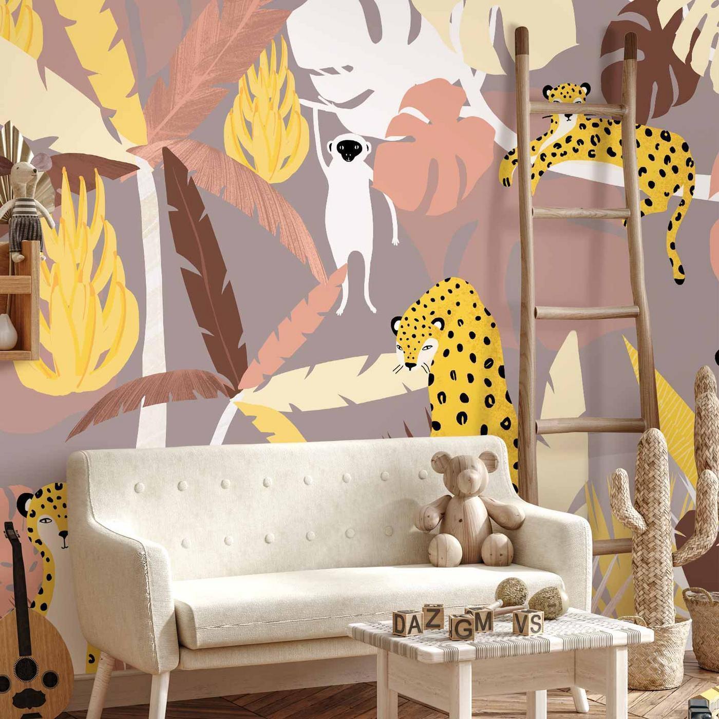Fotobehang - Cheetahs in the jungle - landscape with exotic animals with palm trees for children