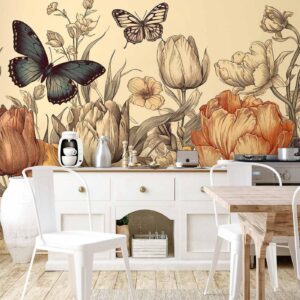 Fotobehang - Colourful tulips on a cream background