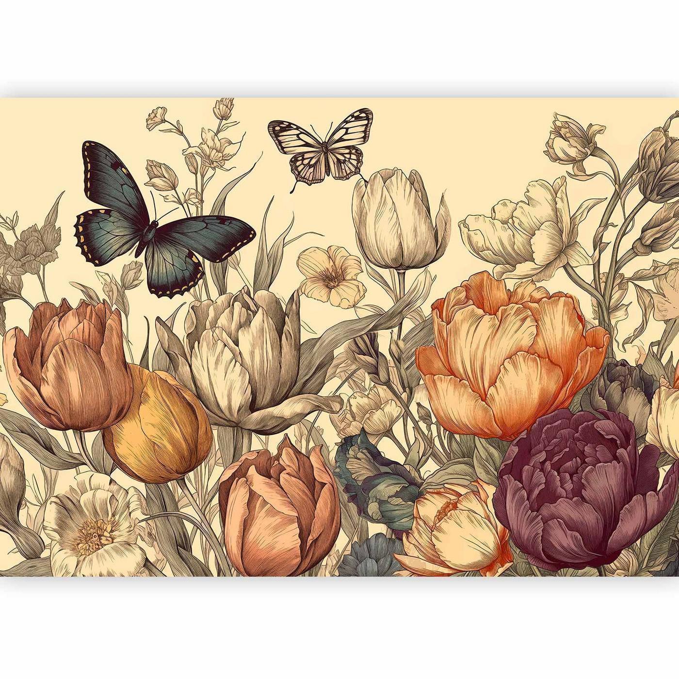 Fotobehang - Colourful tulips on a cream background