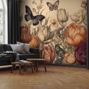 Fotobehang - Colourful tulips on a cream background